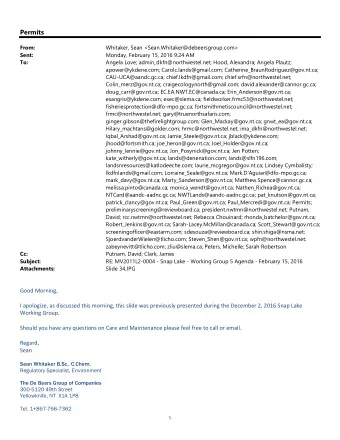 Permits  From:  Whitaker, Sean &lt;Sean.Whitaker@debeersgroup.com&gt;  Sent:  Monday, February 15,