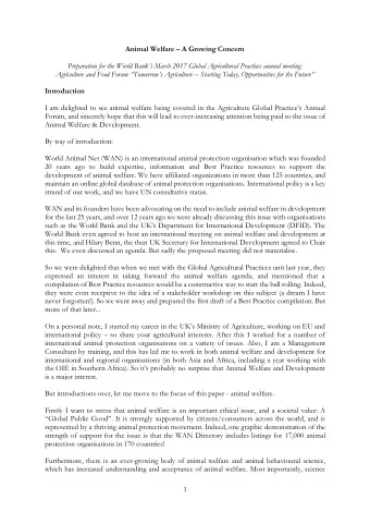 Animal Welfare  A Growing Concern Preparation for the World Banks March 2017 Global