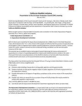 CA Shellfish Initiative Presentation to the  CA Ocean Protection Council  1  California Shellfish