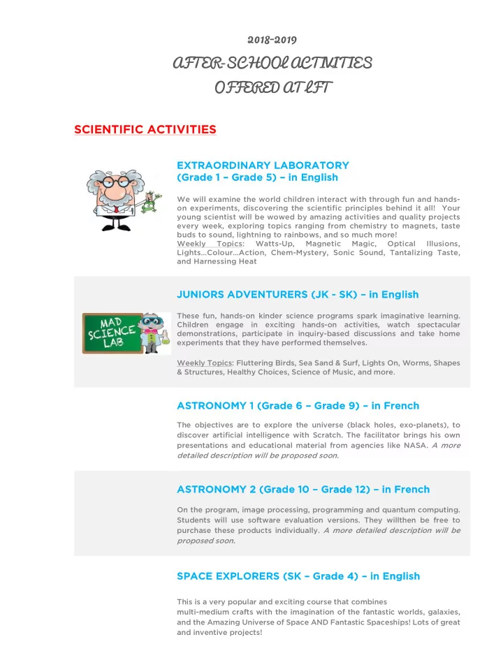 2018 2019 after school activities offered at lft