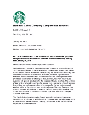 Starbucks Coffee Company Company Headquarters  2401 Utah Ave S Seattle, WA 98134  January 22, 2016