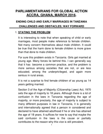 PARLIAMENTARIANS FOR GLOBAL ACTION  ACCRA, GHANA, MARCH 2016.  ENDING CHILD AND EARLY MARRIAGES IN