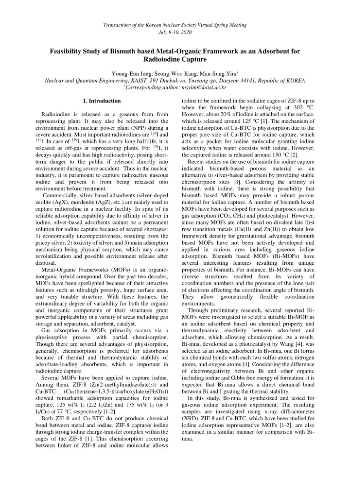 feasibility study of bismuth based metal organic