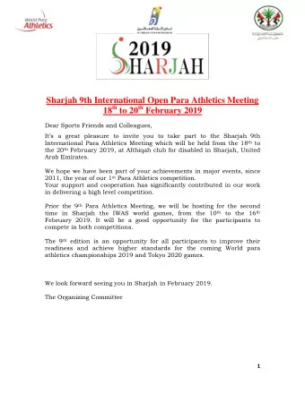 Sharjah 9th International Open Para Athletics Meeting 18 th to 20 th February 2019  Dear Sports