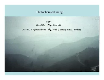 Photochemical smog  light O 2 + NO 3 O 3  +  NO O 3 + NO + hydrocarbons  PAN ( peroxyacetyl