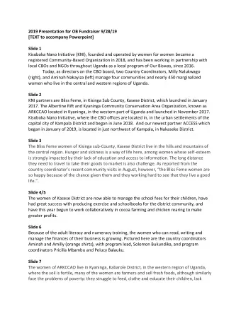 2019 Presentation for OB Fundraiser 9/28/19  [TEXT to accompany Powerpoint]  Slide 1  Kisoboka Nano