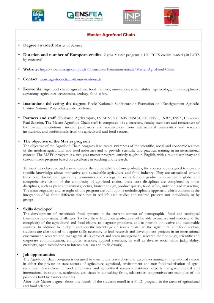 master agrofood chain degree awarded master of science