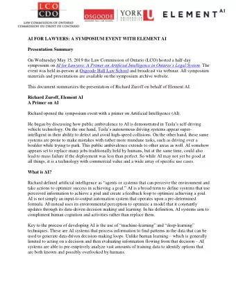 AI FOR LAWYERS: A SYMPOSIUM EVENT WITH ELEMENT AI  Presentation Summary  On Wednesday May 15, 2019