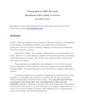 Presentation to NSPE PECon18 Beachhead of the Coming AI Tsunami  By Anthony Patch  Beachhead: a