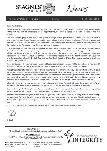 The Presentation of  the Lord Year A 1 - 2 February 2020 Dear Parishioners, At the annual Beginning