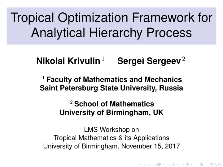 tropical optimization framework for analytical hierarchy