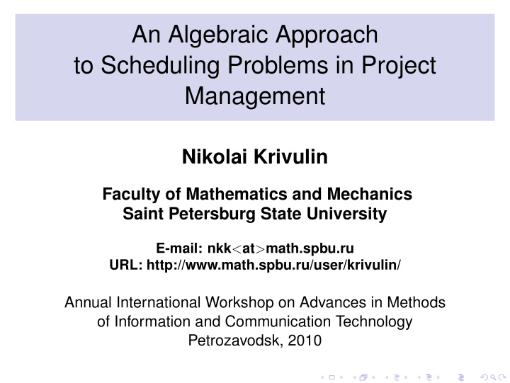 an algebraic approach to scheduling problems in project