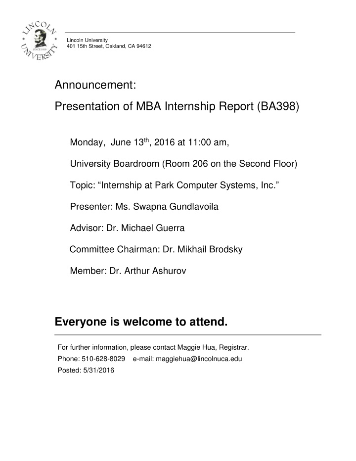 announcement presentation of mba internship report ba398