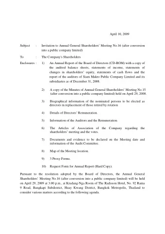 April 10, 2009  Subject  :  Invitation to Annual General Shareholders Meeting No.16 (after