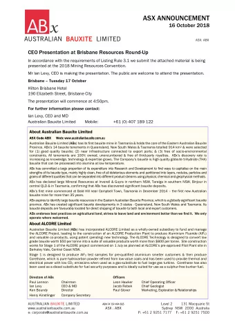 ASX ANNOUNCEMENT  16 October 2018 AUSTRALIAN BAUX BAUXITE LIMITED  ASX: ABX  CEO Presentation at