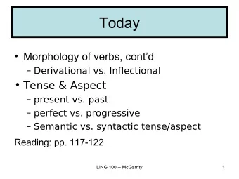 Today   Morphology of verbs, contd   Derivational vs. Inflectional   Tense &amp; Aspect