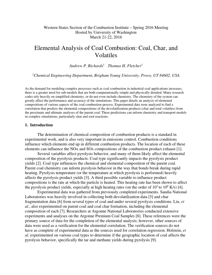 elemental analysis of coal combustion coal char and