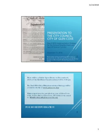 PRESENTATION TO  THE CITY COUNCIL,  CITY OF GLEN COVE  Step III BOA Implementation Strategy  for