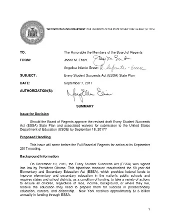 THE STATE EDUCATION DEPARTMENT / THE UNIVERSITY OF THE STATE OF NEW YORK / ALBANY, NY 12234  TO: