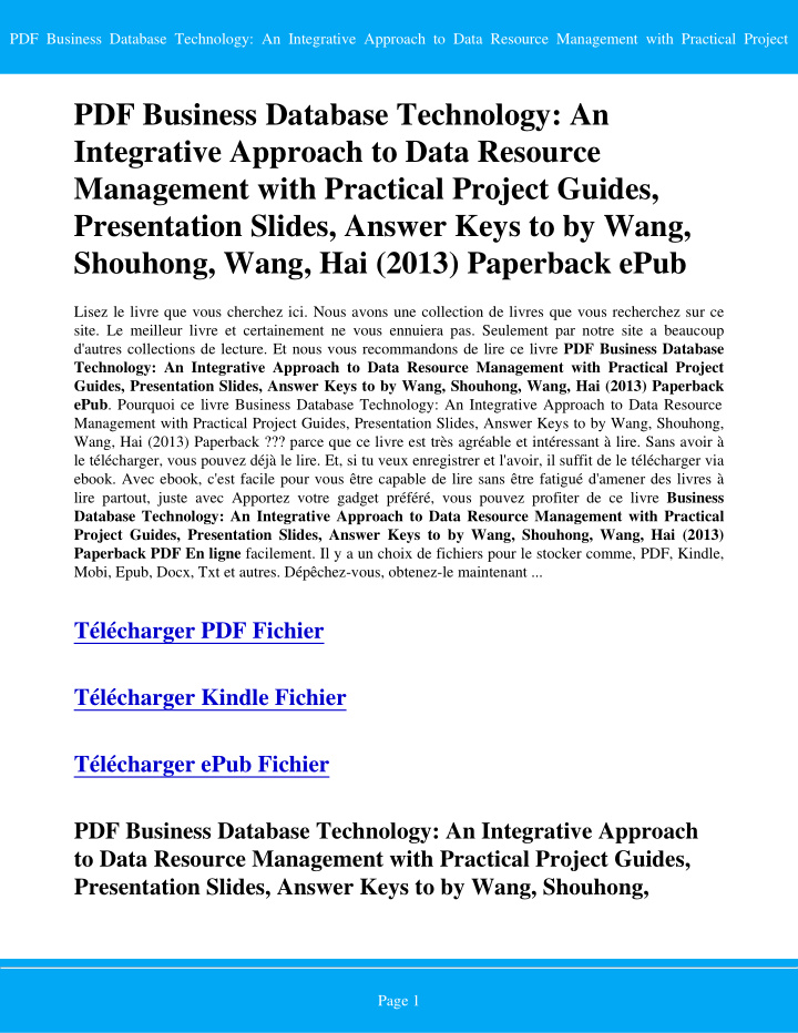pdf business database technology an integrative approach