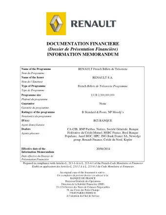 DOCUMENTATION FINANCIERE  (Dossier de Prsentation Financire)  INFORMATION MEMORANDUM  Name of