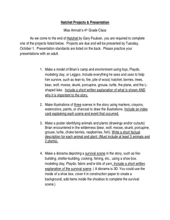 Hatchet Projects &amp; Presentation Miss Amnahs 4 th Grade Class  As we come to the end of