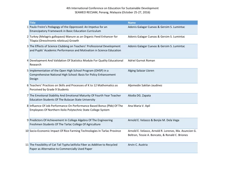 4th international conference on education for sustainable