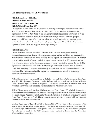 CG5 Transcript Peace Boat US Presentation  Slide 1: Peace Boat - Title Slide  Slide 2: Table of