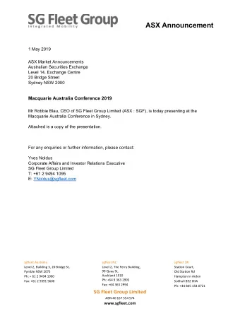 ASX Announcement  1 May 2019  ASX Market Announcements  Australian Securities Exchange  Level 14,