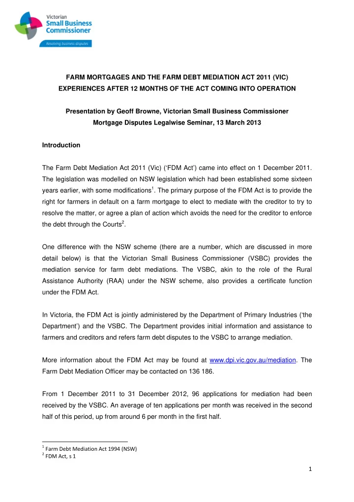 farm mortgages and the farm debt mediation act 2011 vic