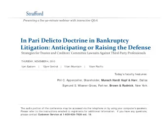 In Pari Delicto Doctrine in Bankruptcy In Pari Delicto Doctrine in Bankruptcy Litigation: