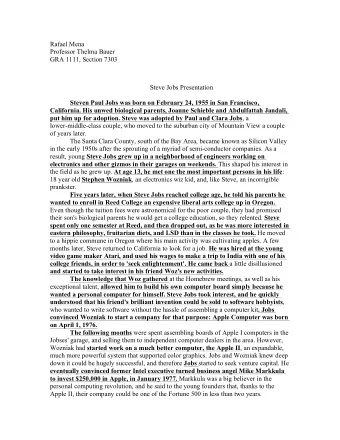 Rafael Mena  Professor Thelma Bauer  GRA 1111, Section 7303  Steve Jobs Presentation  Steven Paul