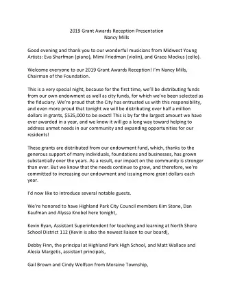 2019 Grant Awards Reception Presentation  Nancy Mills  Good evening and thank you to our wonderful