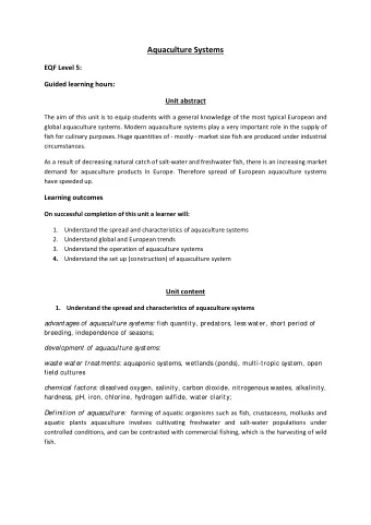 Aquaculture Systems EQF Level 5: Guided learning hours: Unit abstract The aim of this unit is to