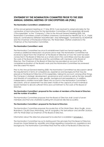 STATEMENT BY THE NOMINATION COMMITTEE PRIOR TO THE 2020  ANNUAL GENERAL MEETING OF ONCOPEPTIDES AB