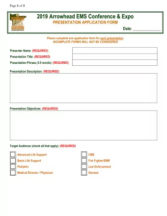 2019 Arrowhead EMS Conference &amp; Expo  PRESENTATION APPLICATION FORM  Date: ______________