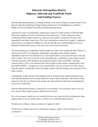 Edwards Metropolitan District  Highway, Sidewalk and Trail/Path Needs  And Funding Sources  Edwards