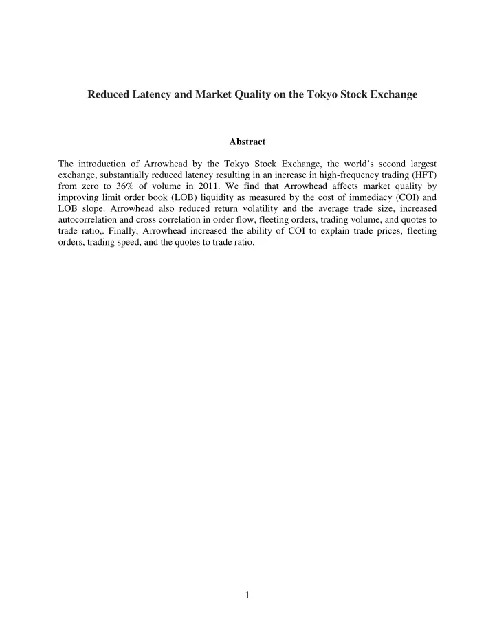 reduced latency and market quality on the tokyo stock