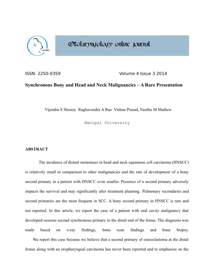 synchronous bony and head and neck malignancies a rare
