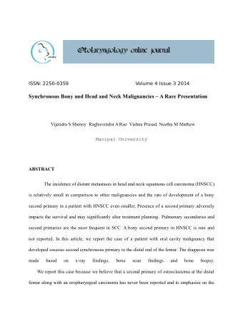 Synchronous Bony and Head and Neck Malignancies  A Rare Presentation  Vijendra S Shenoy