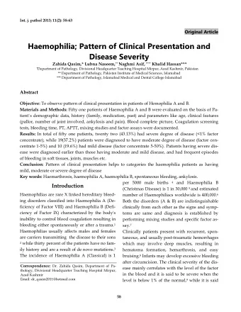 Haemophilia; Pattern of Clinical Presentation and  Disease Severity Zahida Qasim,* Lubna Naseem, **