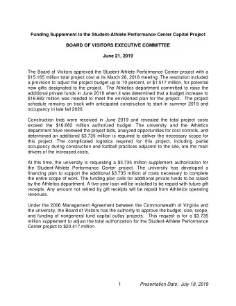Funding Supplement to the Student-Athlete Performance Center Capital Project  BOARD OF VISITORS