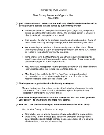 Interagency TOD Council  Maui County Issues and Opportunities  10/4/2016  (1) your current efforts