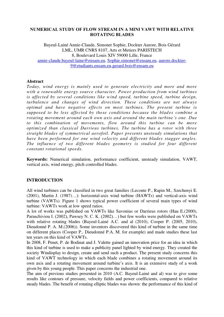 numerical study of flow stream in a mini vawt with