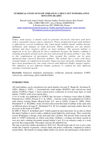 NUMERICAL STUDY OF FLOW STREAM IN A MINI VAWT WITH RELATIVE  ROTATING BLADES  Bayeul-Lain