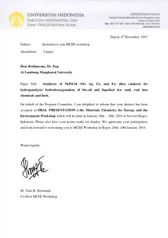 Depok, 4 th December  2015  Subject  : Invitation to join MCEE workshop  Attachment  : 5 pages