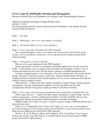 Cover Crops for Soil Health: Selection and Management  Research-based Practical Guidance for