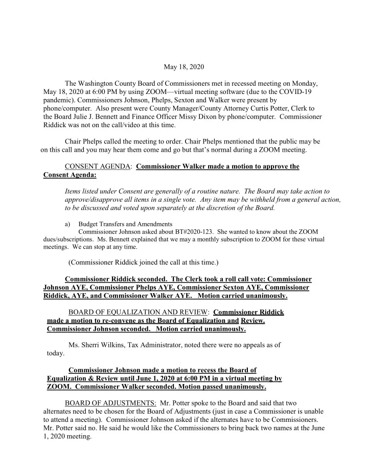 may 18 2020 the washington county board of commissioners