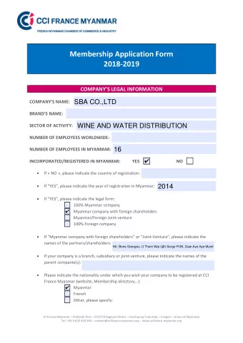 Membership Application Form  2018-2019 COMPANY S LEGAL INFORMATION  SBA CO.,LTD COMPANYS NAME
