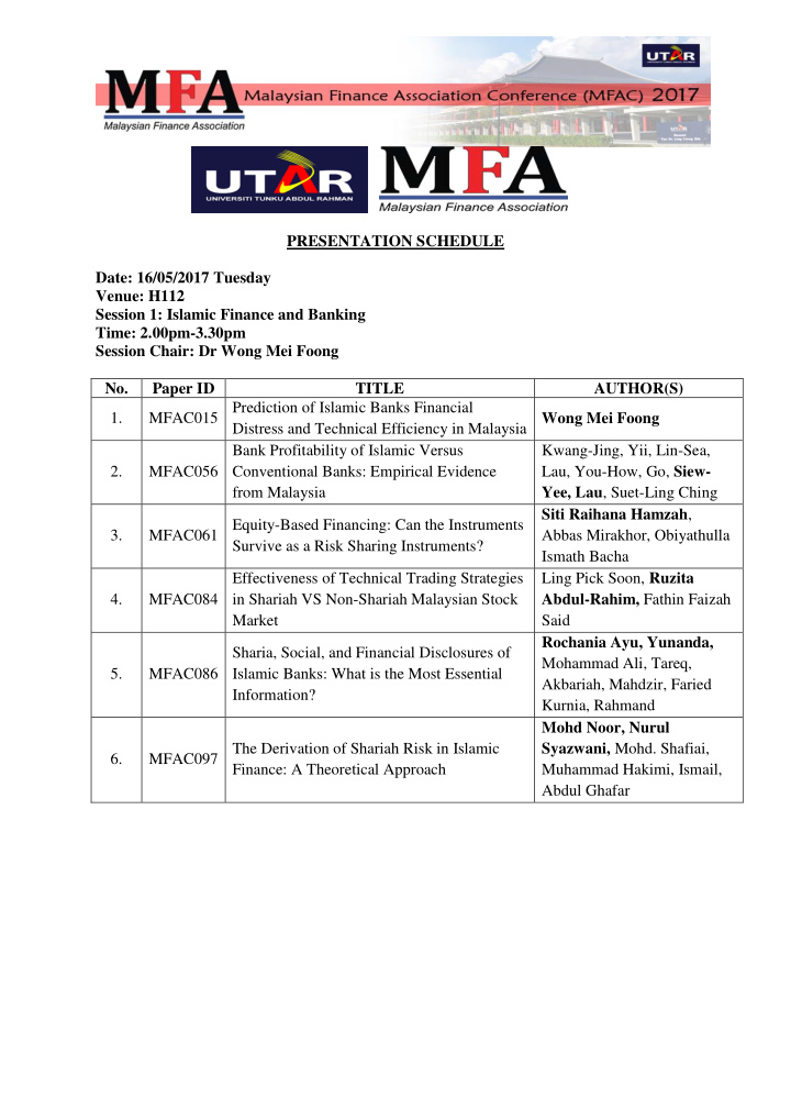 presentation schedule date 16 05 2017 tuesday venue h112